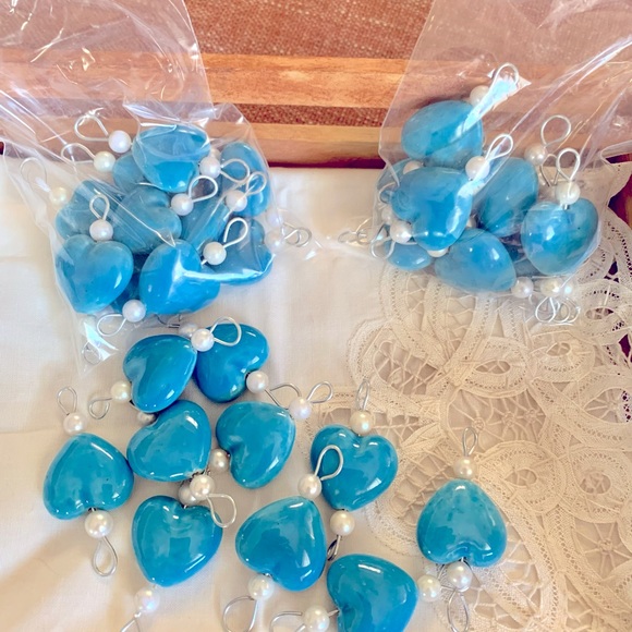 Blue Glazed Ceramic Porcelain Hearts & Pearl Beads W Metal Links (lot 10 links) - Picture 5 of 11